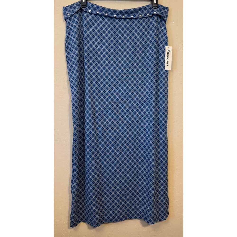 No Boundaries Maxi Skirt Women XXL 20 Blue Plaid Foldover Studded Side Slit NEW